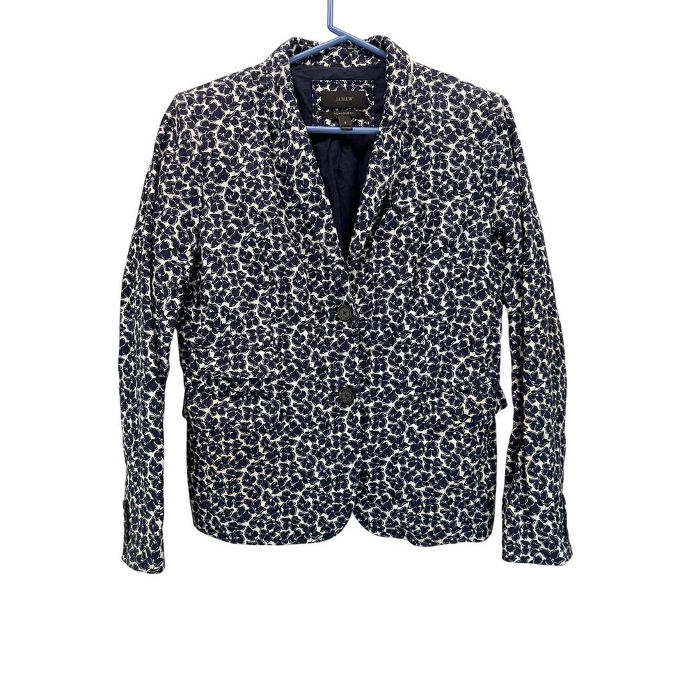 J. Crew Schoolboy Blazer Linen Blue White Floral Size 8